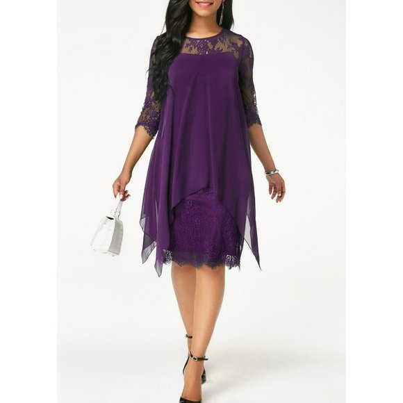 Dresses | Elegant 34 Sleeve Lace Purple Chiffon Layered Dress Size Medium |  Poshmark